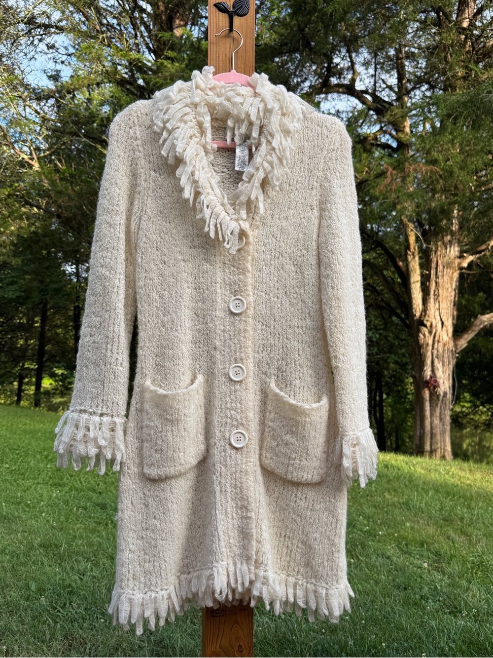 Vintage 90s Nine West Cream Fringe Knit Duster Coatigan